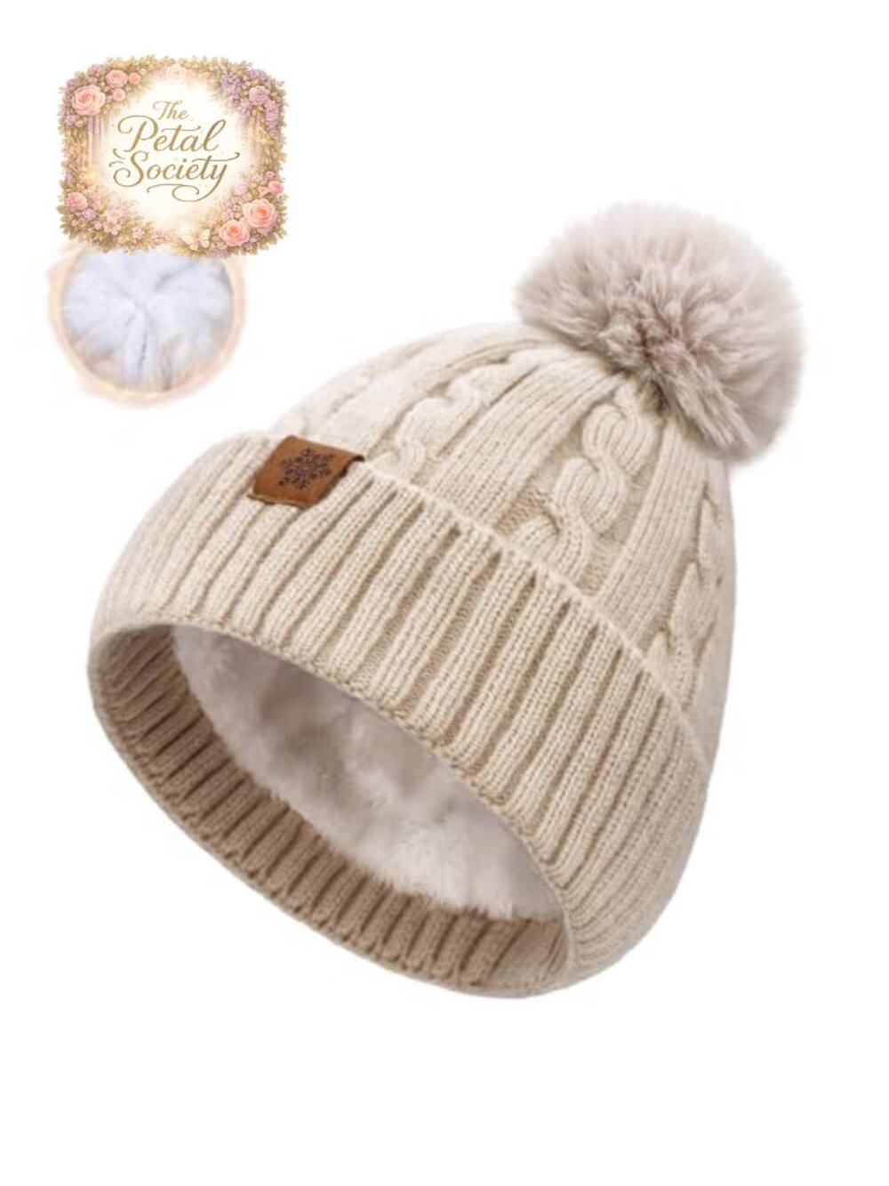 Cable Knit Beanie with Pom Pom Thermal Fleece Lined Winter Hat